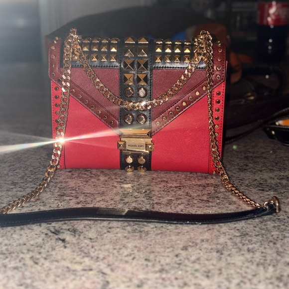 Michael Kors Whitney Bag, Studded on Red and Black leather, Chain Shoulder Bag - Picture 8 of 13